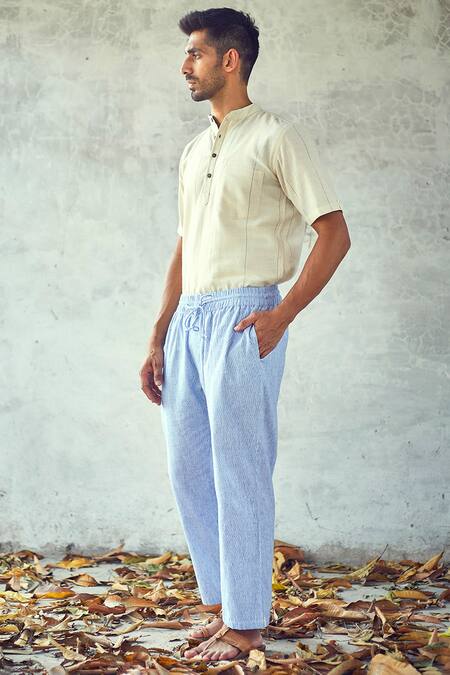 Kharakapas Off White Handloom Cotton Striped Ecru Shirt Online at Aza Fashions Kharakapas_Off White Handloom Cotton Striped Ecru Shirt _Online_at_Aza_Fashions