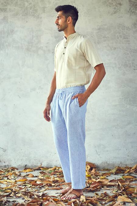 Shop Kharakapas Off White Handloom Cotton Striped Ecru Shirt Online at Aza Fashions Shop_Kharakapas_Off White Handloom Cotton Striped Ecru Shirt _Online_at_Aza_Fashions