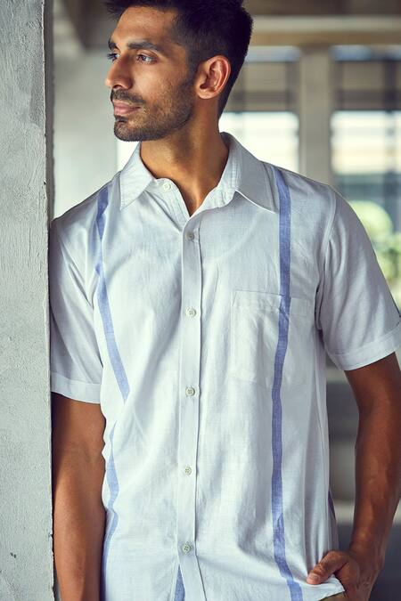 Shop Kharakapas Off White Handloom Cotton Stripes Blurry Cloud Shirt Online at Aza Fashions Shop_Kharakapas_Off White Handloom Cotton Stripes Blurry Cloud Shirt _Online_at_Aza_Fashions