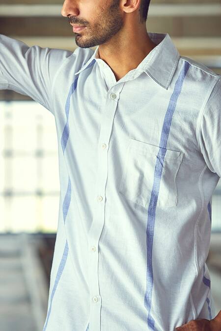 Kharakapas Off White Handloom Cotton Stripes Blurry Cloud Shirt at Aza Fashions Kharakapas_Off White Handloom Cotton Stripes Blurry Cloud Shirt _at_Aza_Fashions