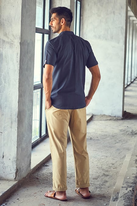 Shop Kharakapas Blue Double Mulmul Cotton Dim Night Collar Shirt at Aza Fashions Shop_Kharakapas_Blue Double Mulmul Cotton Dim Night Collar Shirt _at_Aza_Fashions