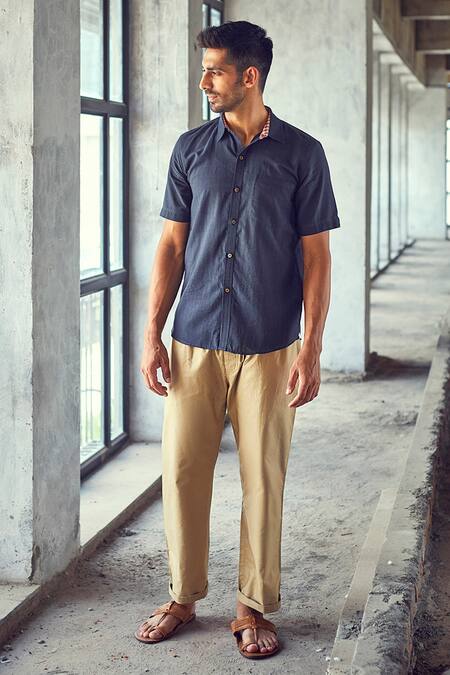 Kharakapas Blue Double Mulmul Cotton Dim Night Collar Shirt Online at Aza Fashions Kharakapas_Blue Double Mulmul Cotton Dim Night Collar Shirt _Online_at_Aza_Fashions