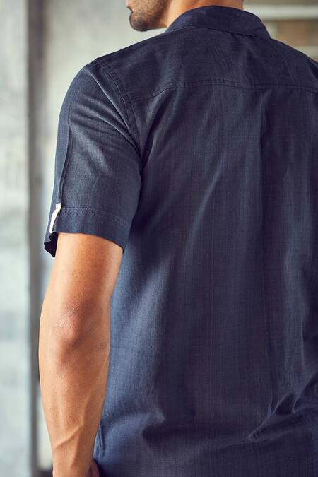 Shop Kharakapas Blue Double Mulmul Cotton Dim Night Collar Shirt Online at Aza Fashions Shop_Kharakapas_Blue Double Mulmul Cotton Dim Night Collar Shirt _Online_at_Aza_Fashions