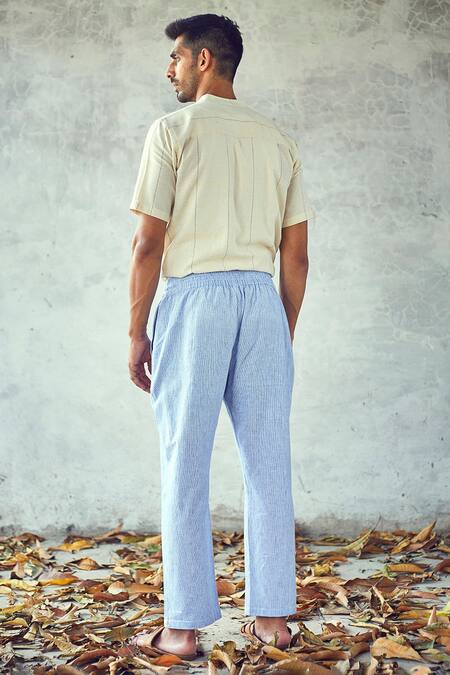 Shop Kharakapas Blue 100% Cotton Striped Skyline Pyjama Trouser at Aza Fashions Shop_Kharakapas_Blue 100% Cotton Striped Skyline Pyjama Trouser _at_Aza_Fashions