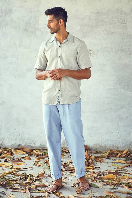 Kharakapas Blue 100% Cotton Striped Misty Cloud Pleated Trouser Online at Aza Fashions Kharakapas_Blue 100% Cotton Striped Misty Cloud Pleated Trouser _Online_at_Aza_Fashions