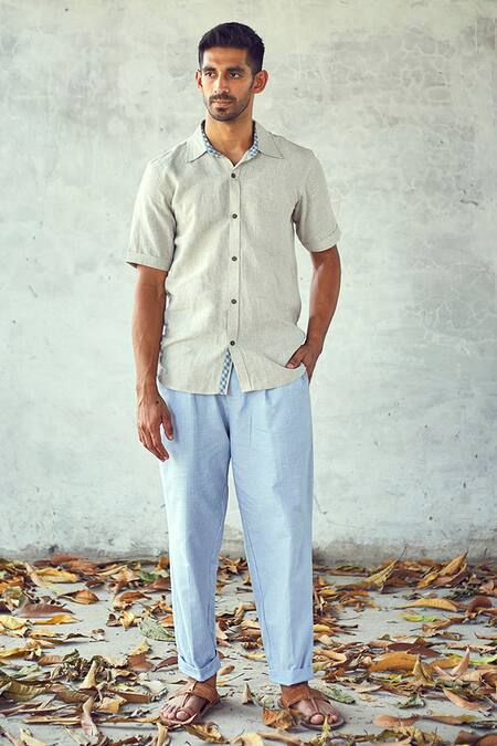 Buy Kharakapas Blue 100% Cotton Striped Misty Cloud Pleated Trouser Online at Aza Fashions Buy_Kharakapas_Blue 100% Cotton Striped Misty Cloud Pleated Trouser _Online_at_Aza_Fashions