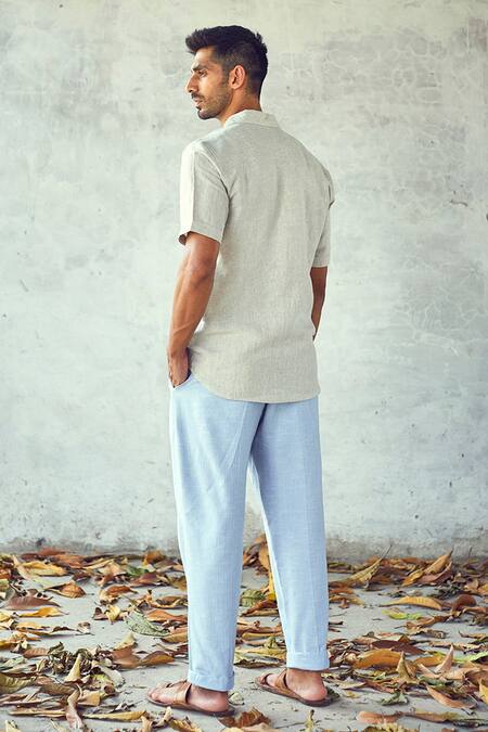 Shop Kharakapas Blue 100% Cotton Striped Misty Cloud Pleated Trouser Online at Aza Fashions Shop_Kharakapas_Blue 100% Cotton Striped Misty Cloud Pleated Trouser _Online_at_Aza_Fashions