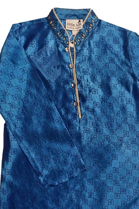 Krishna Mehta_Blue Satin, Embroidery Floral Block Print Kurta And Pant Set_Online_at_Aza_Fashions