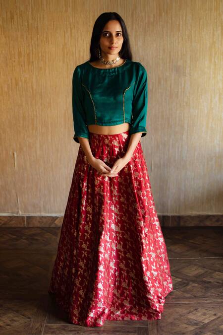 Shorshe Clothing Red Satin Banarasi Brocade Silk Lehenga Set