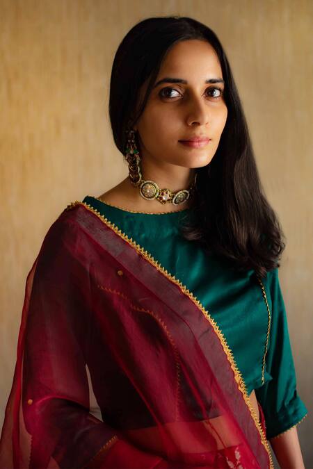 Shop_Shorshe Clothing_Red Satin Banarasi Brocade Silk Lehenga Set_Online_at_Aza_Fashions