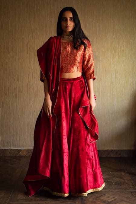 Shorshe Clothing Red Velvet Lehenga Set