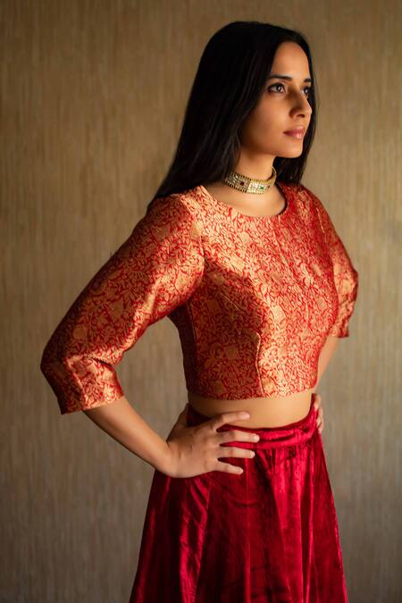 Shorshe Clothing_Red Velvet Lehenga Set_Online_at_Aza_Fashions