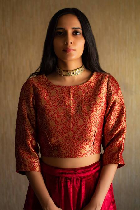 Shorshe Clothing_Red Velvet Lehenga Set_at_Aza_Fashions