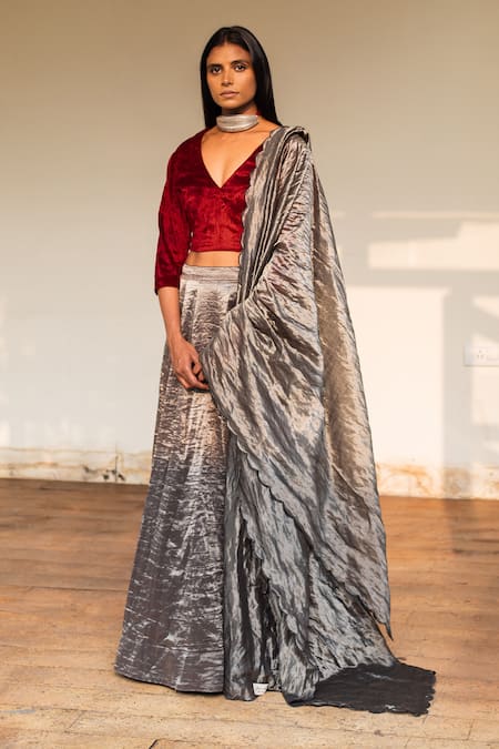 Shorshe Clothing Grey Handloom Tissue Lehenga Set