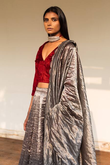 Buy_Shorshe Clothing_Grey Handloom Tissue Lehenga Set_Online_at_Aza_Fashions