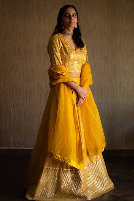 Shorshe Clothing Yellow Handloom Tissue Lehenga Set