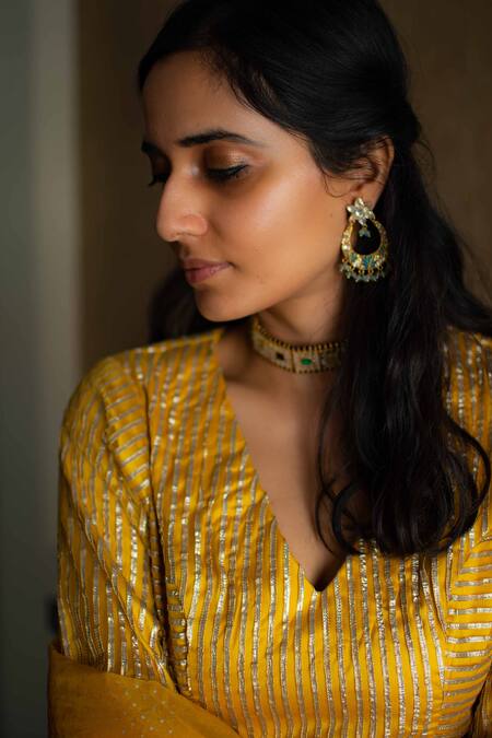 Shorshe Clothing_Yellow Handloom Tissue Lehenga Set_at_Aza_Fashions