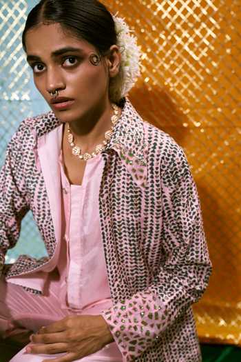17:17 By Simmi Saboo_Peach Muslin Silk Geometric Print, Bugle Beads And Cutdana Jacket & Pant Set_Online_at_Aza_Fashions