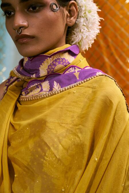 17:17 By Simmi Saboo_Purple Muslin Silk And Organza Cutdana & Placement Floral Embroidered Lehenga Set_at_Aza_Fashions