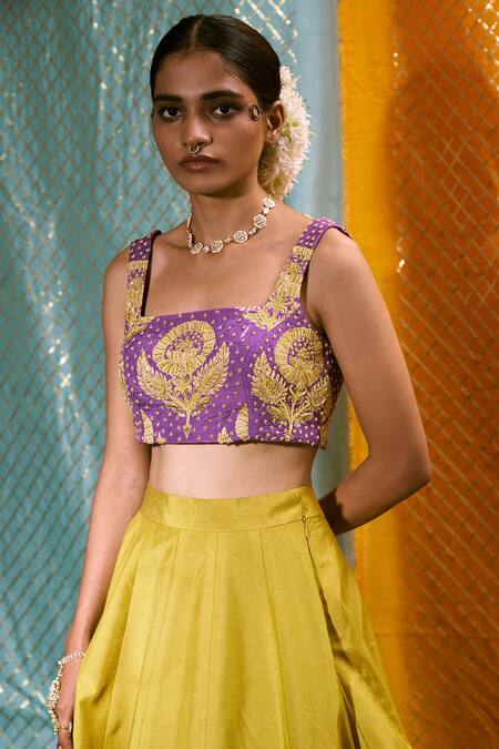 Buy_17:17 By Simmi Saboo_Purple Muslin Silk And Organza Cutdana & Placement Floral Embroidered Lehenga Set_Online_at_Aza_Fashions