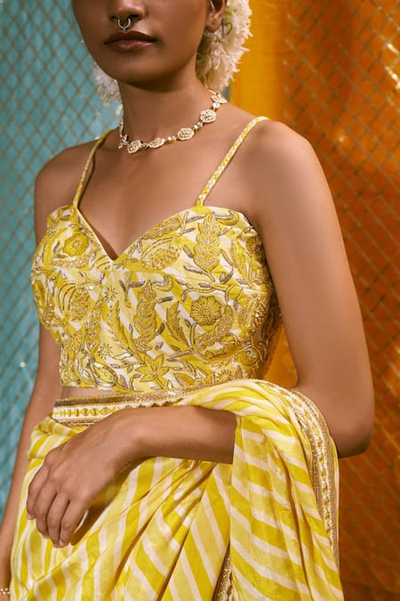 Shop_17:17 By Simmi Saboo_Yellow Muslin Silk Beads And Thread, Sequin, Leheriya Pattern Saree With Bustier_Online_at_Aza_Fashions