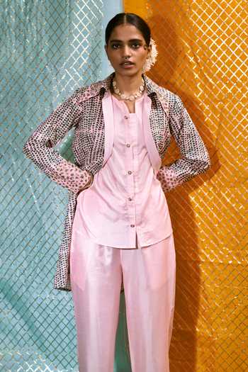 Buy_17:17 By Simmi Saboo_Peach Muslin Silk Geometric Print, Bugle Beads And Cutdana Jacket & Pant Set_Online_at_Aza_Fashions