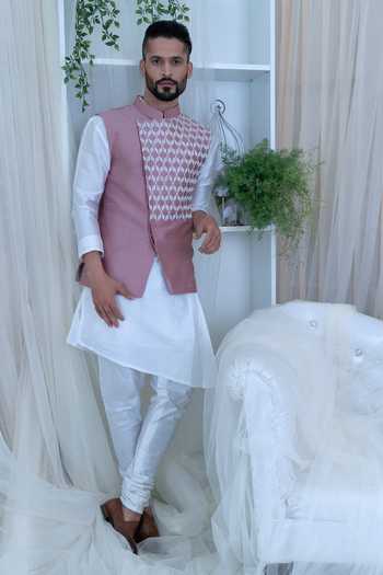 Buy_Varun Chakkilam_White Raw Silk Embroidered Bundi And Kurta Set  _Online_at_Aza_Fashions