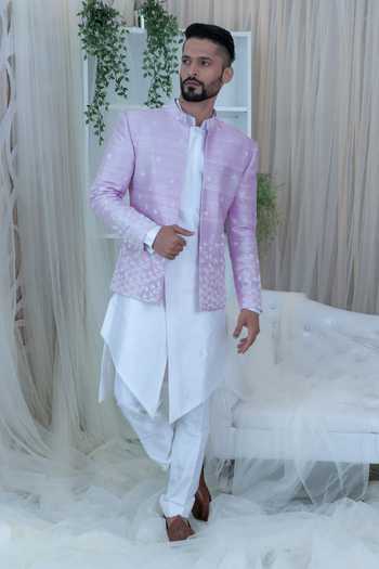 Varun Chakkilam_White Raw Silk Embroidered Bandhgala And Kurta Set _Online_at_Aza_Fashions