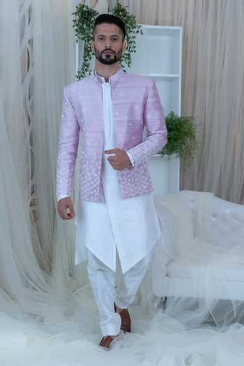 Buy_Varun Chakkilam_White Raw Silk Embroidered Bandhgala And Kurta Set _Online_at_Aza_Fashions