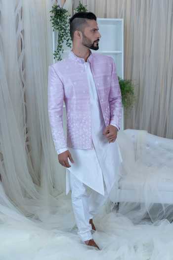 Shop_Varun Chakkilam_White Raw Silk Embroidered Bandhgala And Kurta Set _Online_at_Aza_Fashions