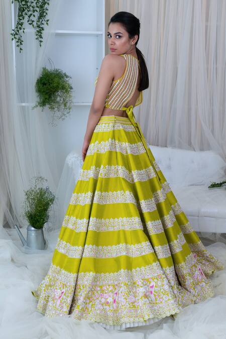 Shop_Varun Chakkilam_Yellow Top  Skirt Raw Silk Dupatta Embroidered Bridal Lehenga Set _at_Aza_Fashions
