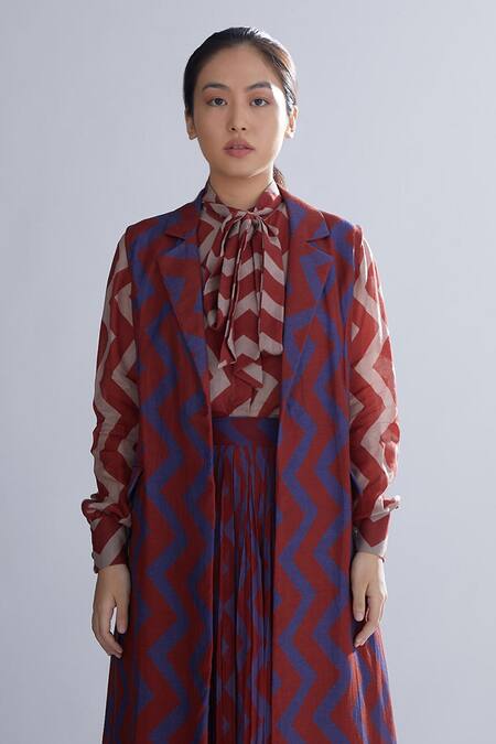 Koai_Red Cotton, Silk Dabu Print Trench Jacket For Kids_Online_at_Aza_Fashions