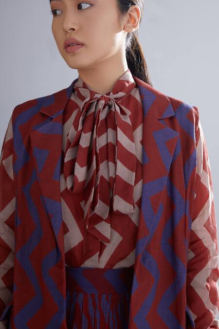 Shop_Koai_Red Cotton, Silk Dabu Print Trench Jacket For Kids_Online_at_Aza_Fashions