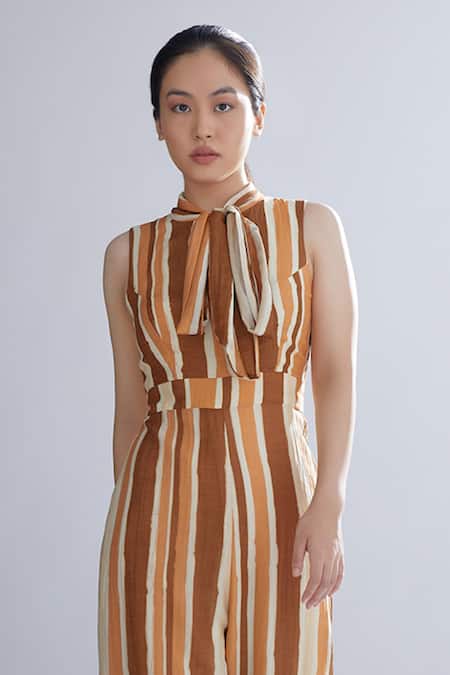 Koai_Brown Chanderi Silk Striped Jumpsuit_Online_at_Aza_Fashions