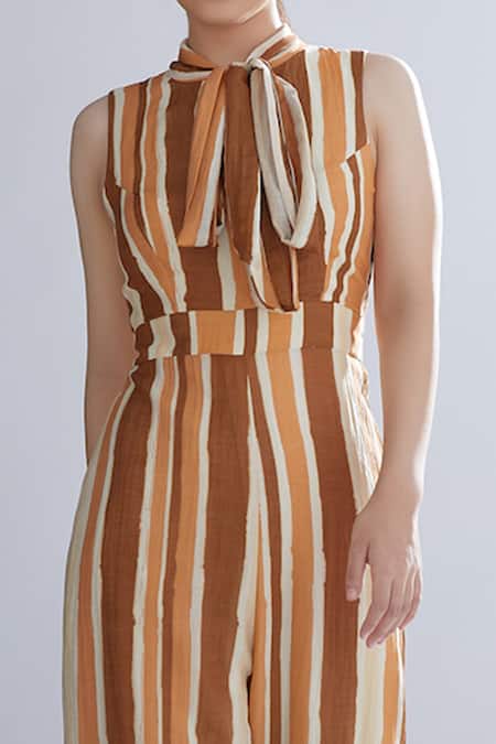 Buy_Koai_Brown Chanderi Silk Striped Jumpsuit_Online_at_Aza_Fashions