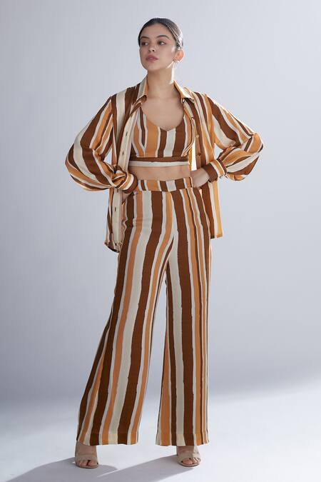 Koai_Beige Silk Striped Shirt_Online_at_Aza_Fashions
