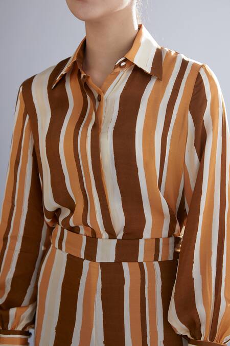 Shop_Koai_Beige Silk Striped Shirt_Online_at_Aza_Fashions
