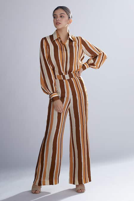 Koai_Brown Silk Striped Palazzos For Kids_Online_at_Aza_Fashions