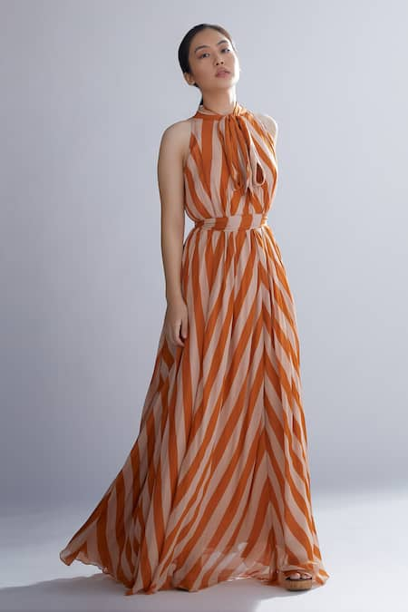 KoAi Striped Bow Neck Maxi Dress 