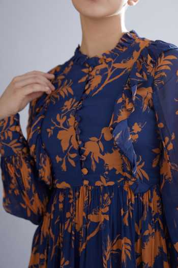 Shop Koai Blue Chiffon Floral Print Tiered Frill Dress Online at Aza Fashions Shop_Koai_Blue Chiffon Floral Print Tiered Frill Dress _Online_at_Aza_Fashions
