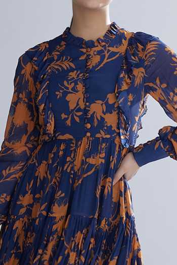 Koai Blue Chiffon Floral Print Tiered Frill Dress at Aza Fashions Koai_Blue Chiffon Floral Print Tiered Frill Dress _at_Aza_Fashions