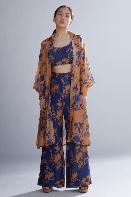 Shop Koai Orange Chanderi Silk Floral Print Shirt Kurta at Aza Fashions Shop_Koai_Orange Chanderi Silk Floral Print Shirt Kurta _at_Aza_Fashions