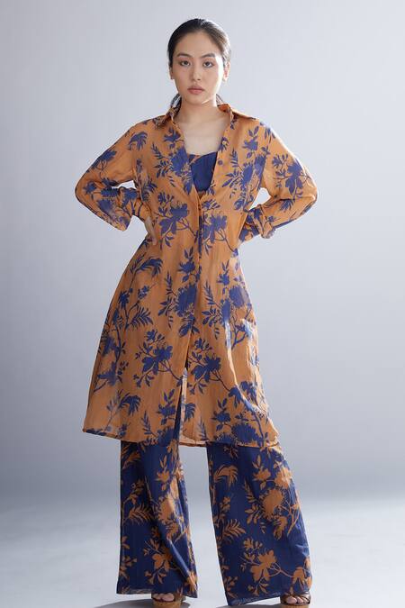 Shop Koai Orange Chanderi Silk Floral Print Shirt Kurta Online at Aza Fashions Shop_Koai_Orange Chanderi Silk Floral Print Shirt Kurta _Online_at_Aza_Fashions