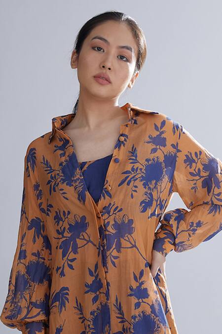 Koai Orange Chanderi Silk Floral Print Shirt Kurta at Aza Fashions Koai_Orange Chanderi Silk Floral Print Shirt Kurta _at_Aza_Fashions
