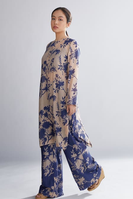 Koai_Peach Chanderi Silk Floral Round Print Kurta_Online_at_Aza_Fashions