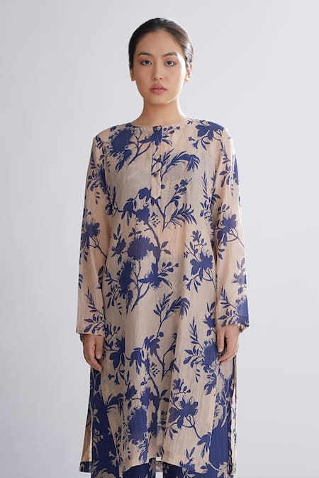 Shop_Koai_Peach Chanderi Silk Floral Round Print Kurta_Online_at_Aza_Fashions