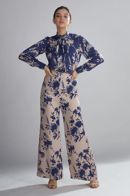 Buy_Koai_Blue Silk Floral Print Bow Neck Shirt_Online_at_Aza_Fashions