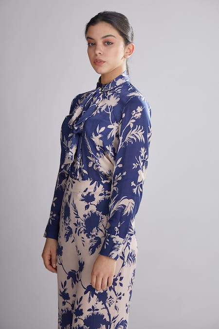 Shop_Koai_Blue Silk Floral Print Bow Neck Shirt_Online_at_Aza_Fashions