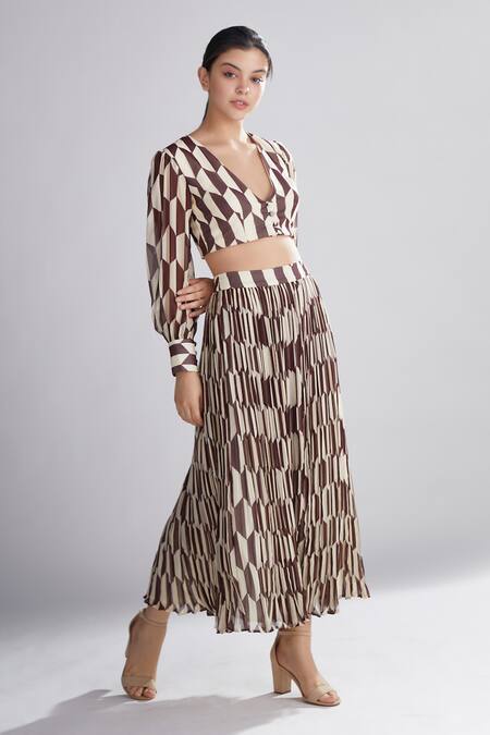 Koai_Brown Georgette Printed Pleated Skirt_Online_at_Aza_Fashions