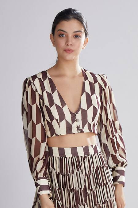Shop_Koai_Brown Georgette Printed Crop Top_Online_at_Aza_Fashions